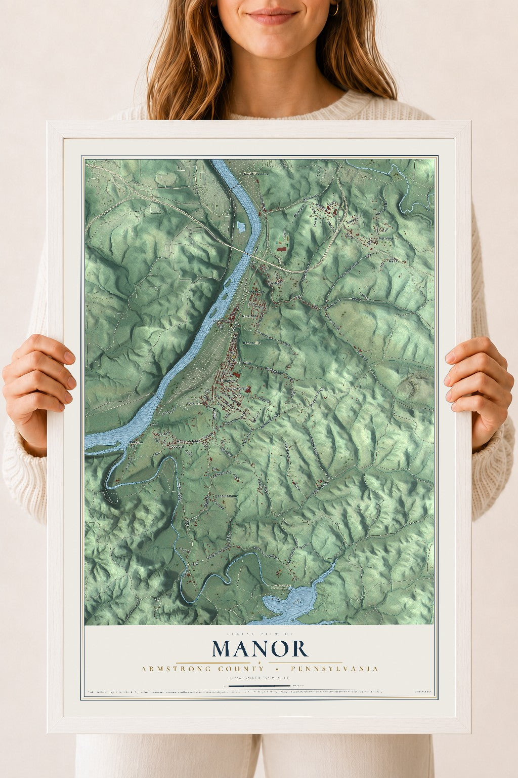 Map of Manor, Armstrong County, Pennsylvania, 18 x 24 inch print in a white wood frame