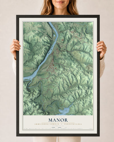 Map of Manor, Armstrong County, Pennsylvania, 24 x 36 inch print in a black wood frame