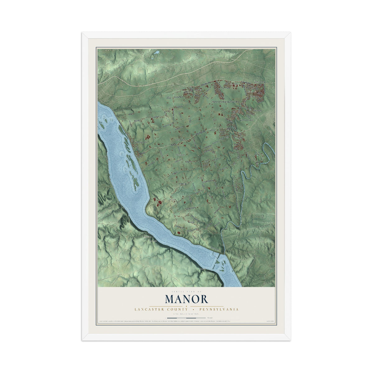 Map of Manor, Lancaster County, Pennsylvania, 12 x 18 inch print in a white wood frame