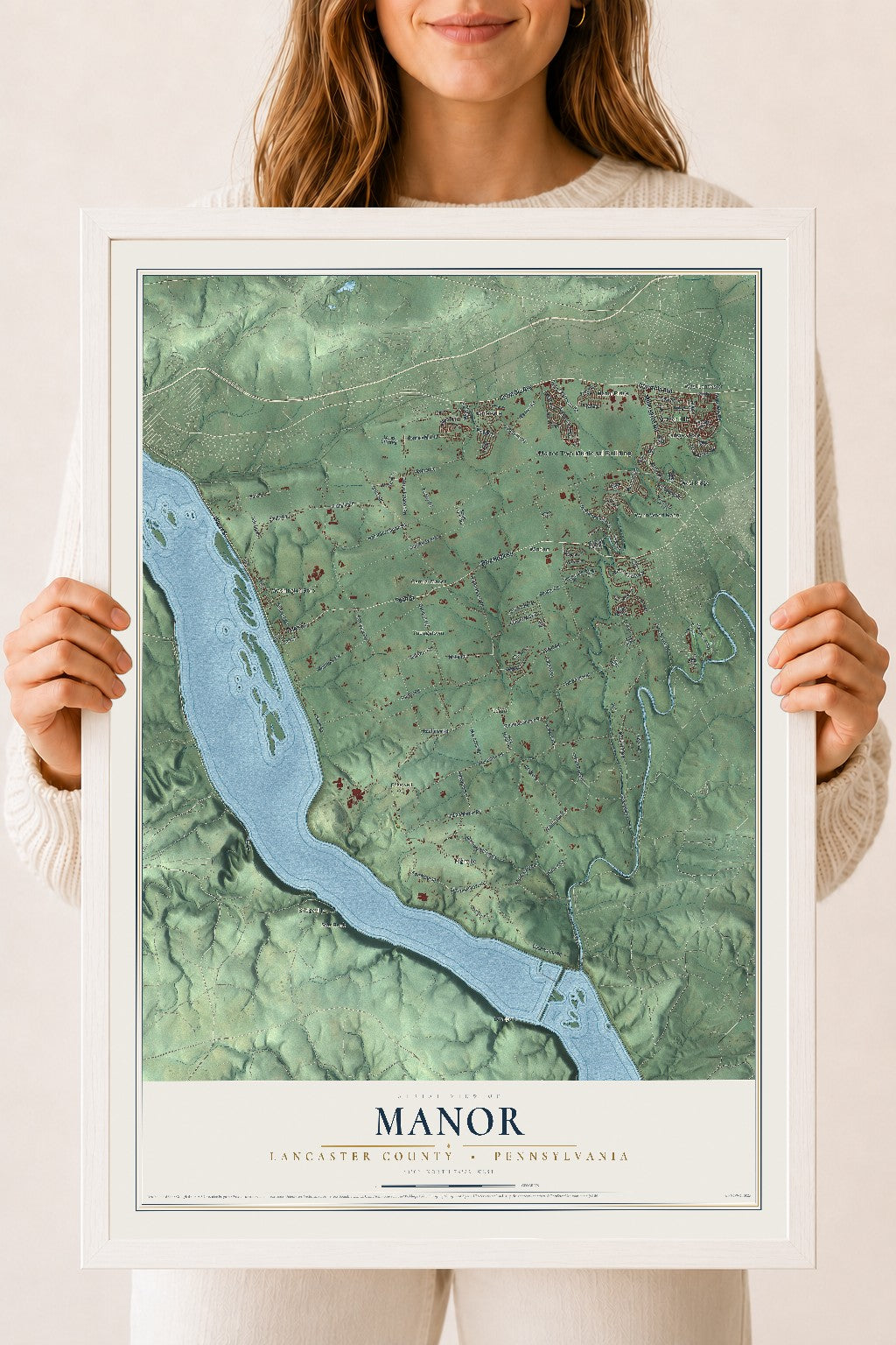 Map of Manor, Lancaster County, Pennsylvania, 18 x 24 inch print in a white wood frame