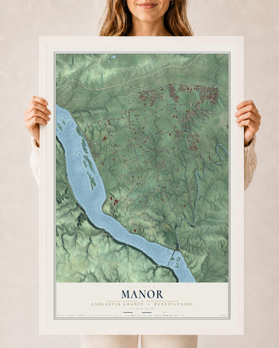 Map of Manor, Lancaster County, Pennsylvania, 24 x 36 inch print in a white wood frame