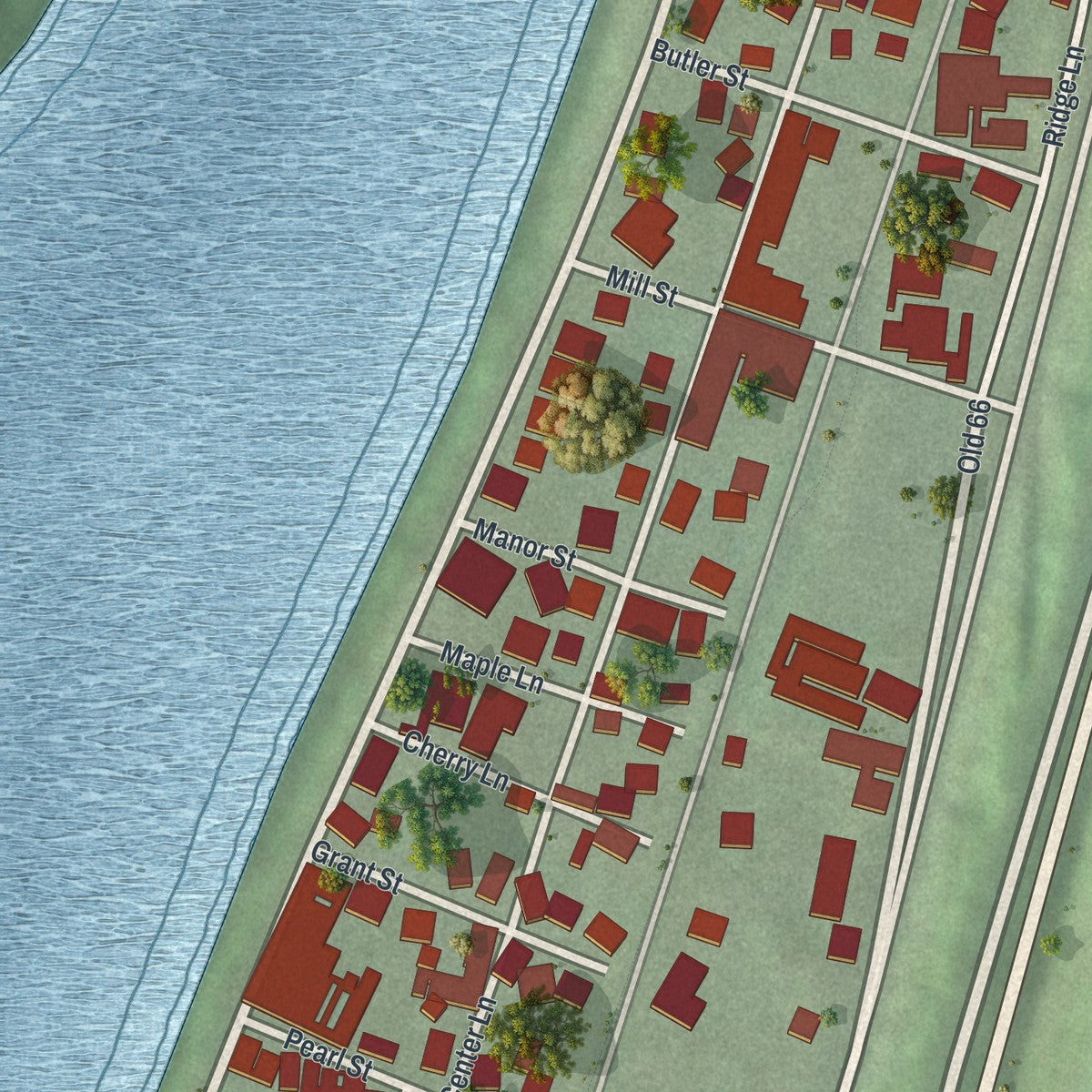 Close-up of the map of Manorville, Pennsylvania print showing street and building detail
