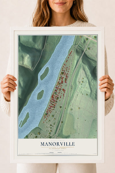 Map of Manorville, Pennsylvania, 18 x 24 inch print in a white wood frame