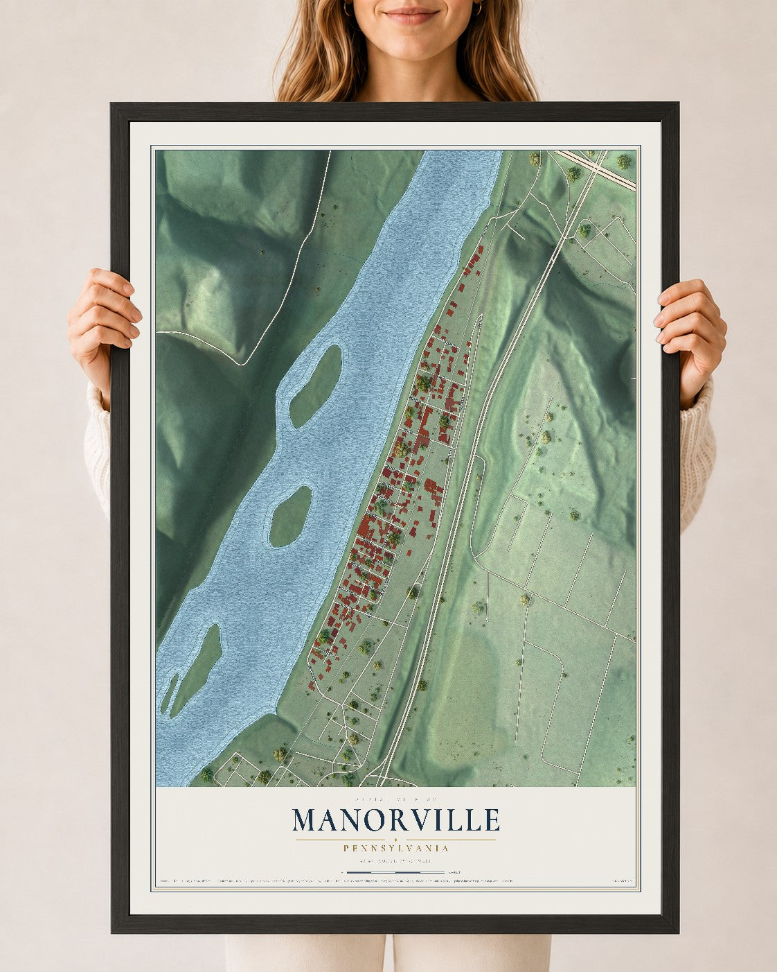 Map of Manorville, Pennsylvania, 24 x 36 inch print in a black wood frame