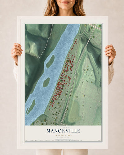 Map of Manorville, Pennsylvania, 24 x 36 inch print in a white wood frame