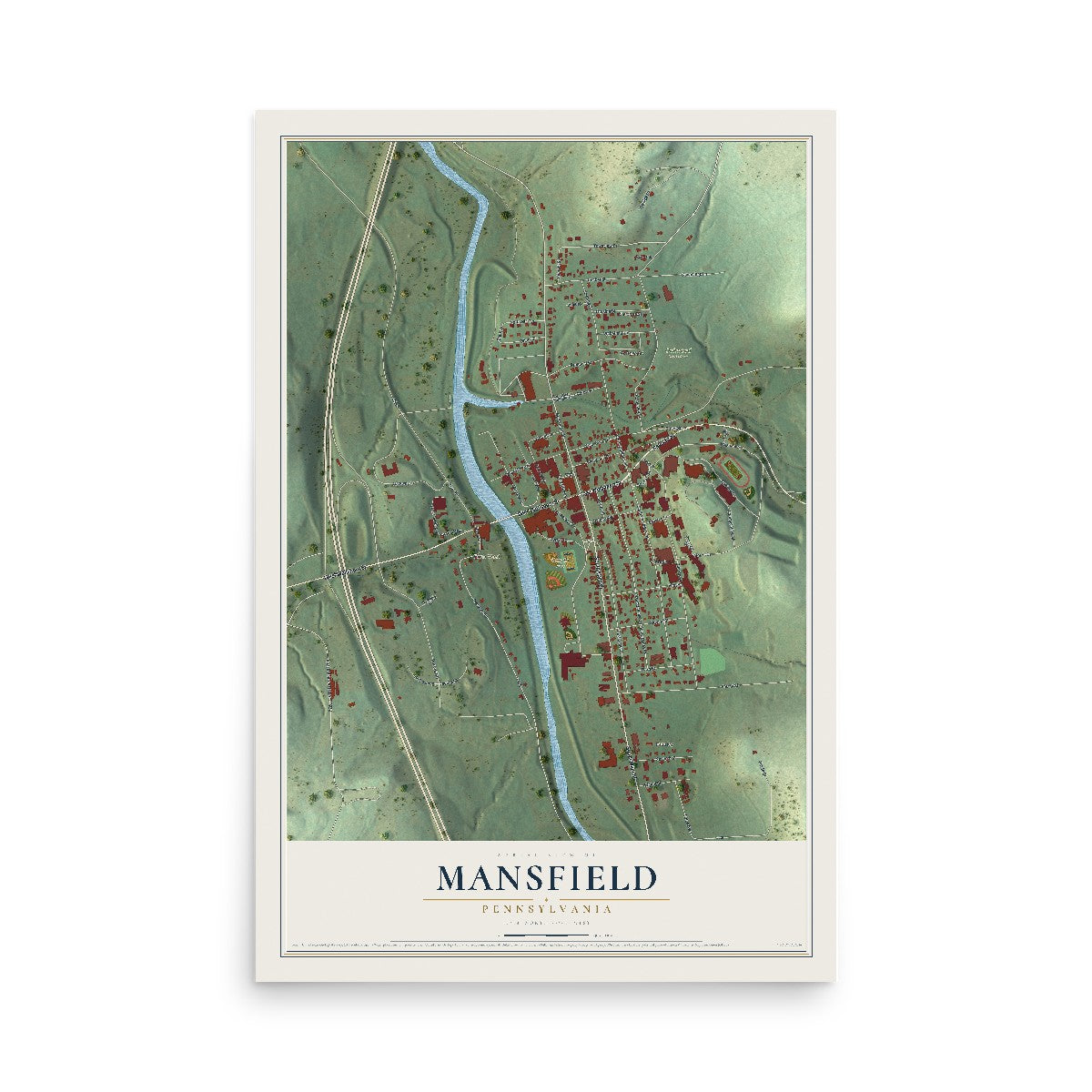 Map of Mansfield, Pennsylvania, 12 x 18 inch unframed archival matte print