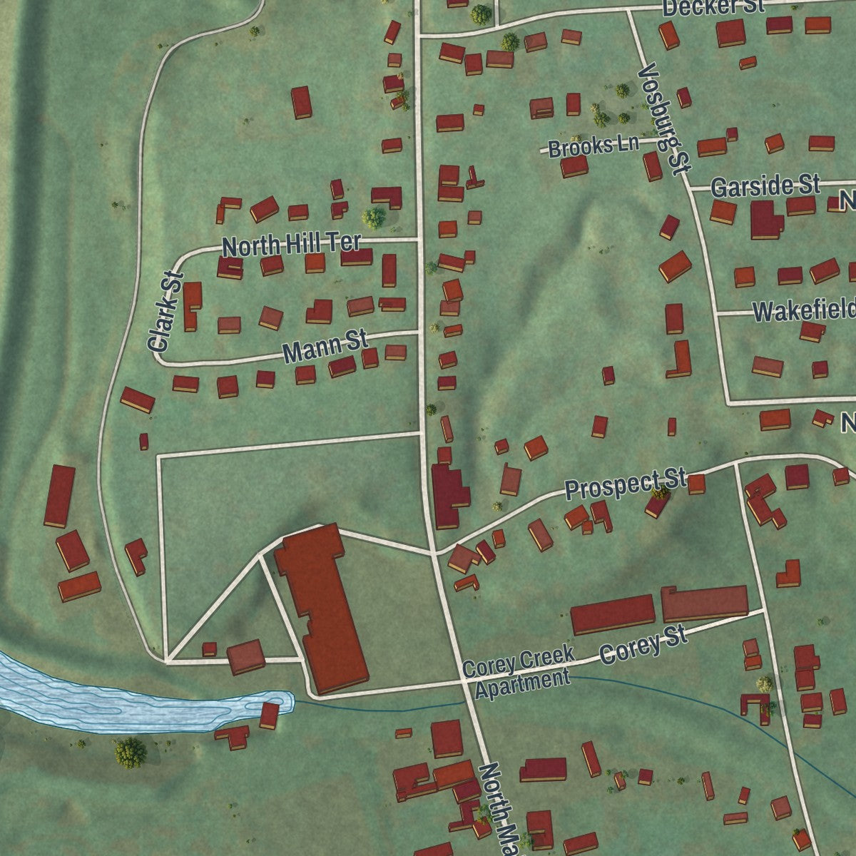 Second close-up of the map of Mansfield, Pennsylvania print showing more streets and buildings