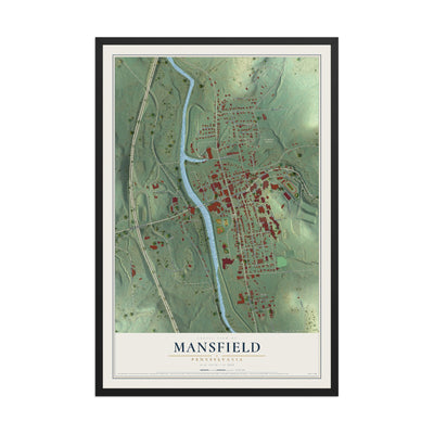 Map of Mansfield, Pennsylvania, 12 x 18 inch print in a black wood frame