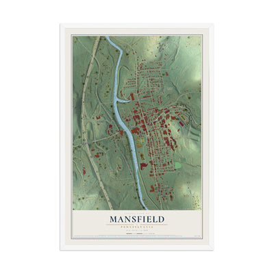 Map of Mansfield, Pennsylvania, 12 x 18 inch print in a white wood frame