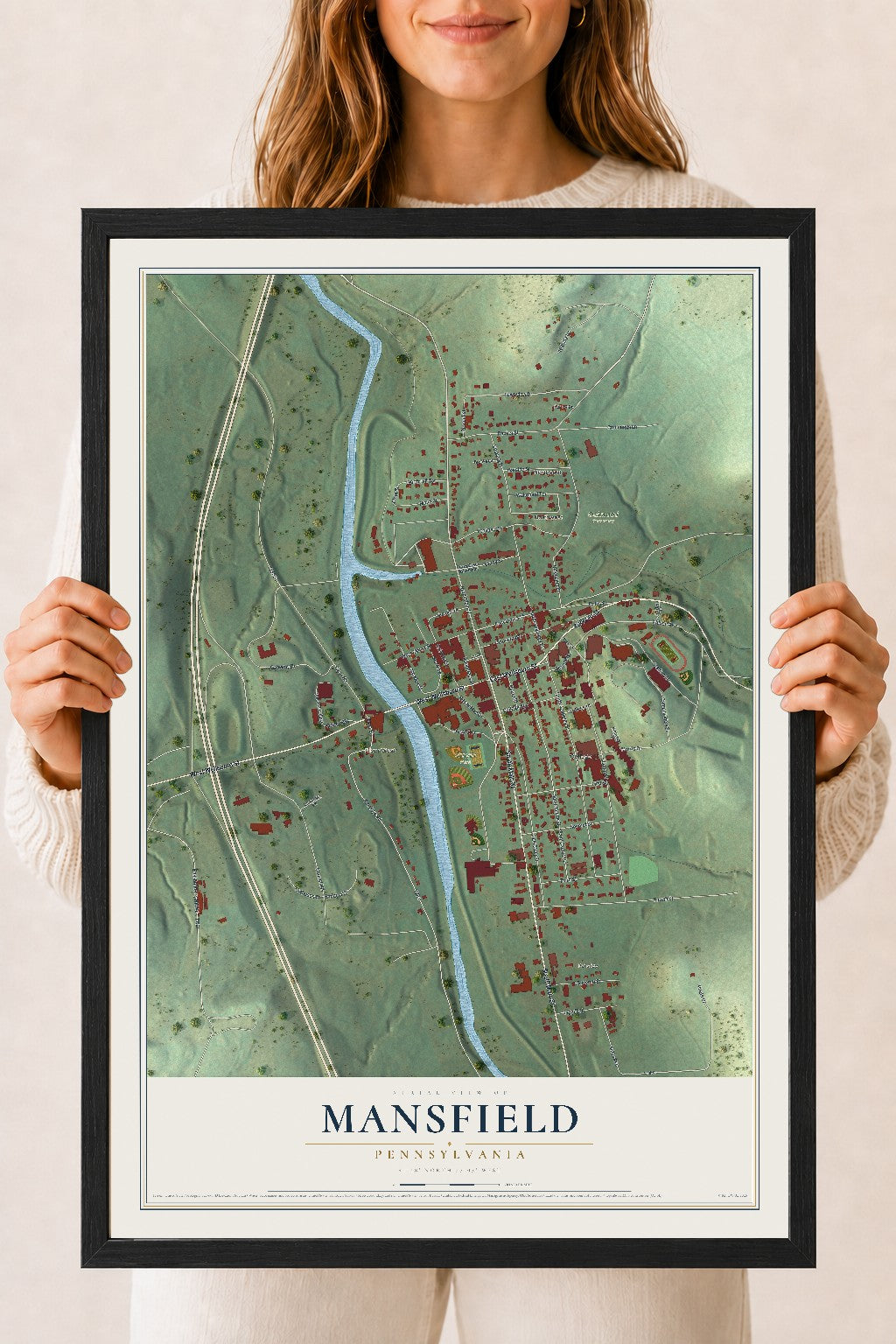 Map of Mansfield, Pennsylvania, 18 x 24 inch print in a black wood frame