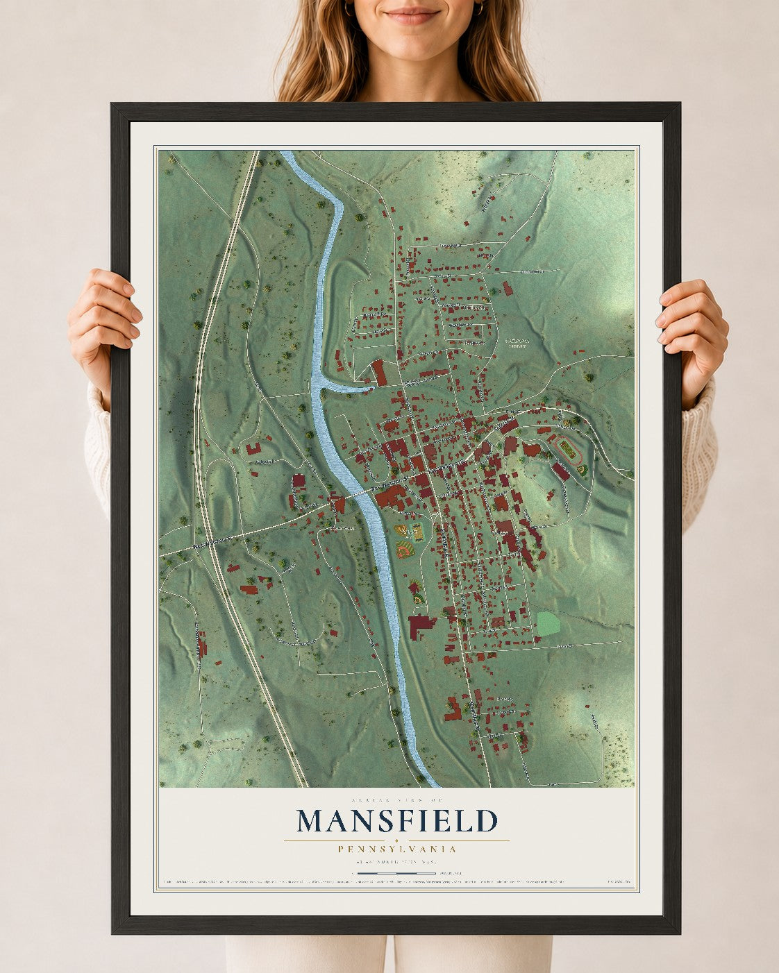 Map of Mansfield, Pennsylvania, 24 x 36 inch print in a black wood frame