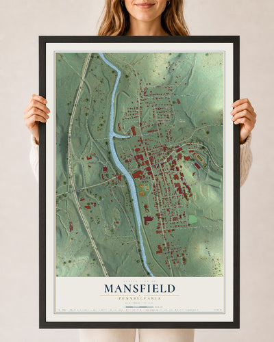 Map of Mansfield, Pennsylvania, 24 x 36 inch print in a black wood frame