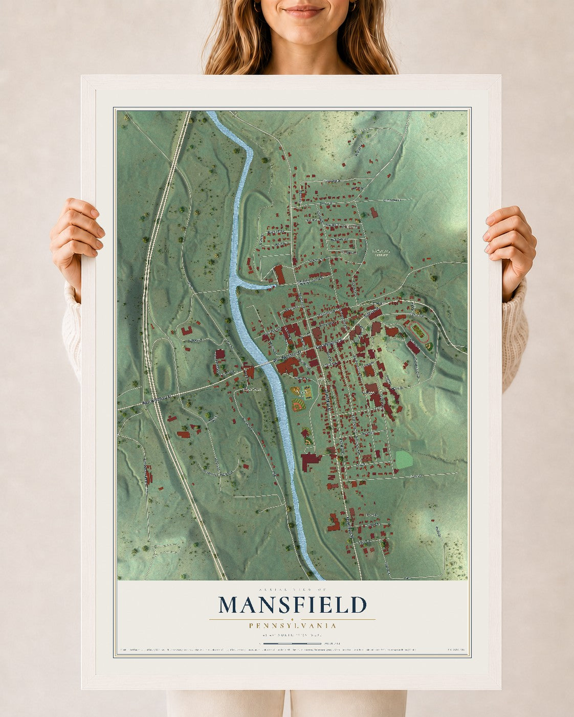 Map of Mansfield, Pennsylvania, 24 x 36 inch print in a white wood frame