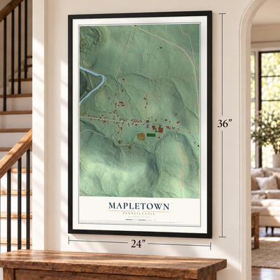 Mapletown, Pennsylvania map, 24 x 36 inch print in a black frame by a staircase