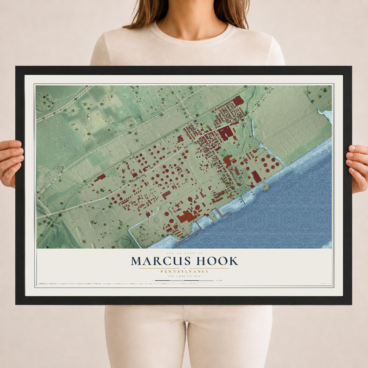 Map of Marcus Hook, Pennsylvania, 18 x 24 inch print in a black wood frame