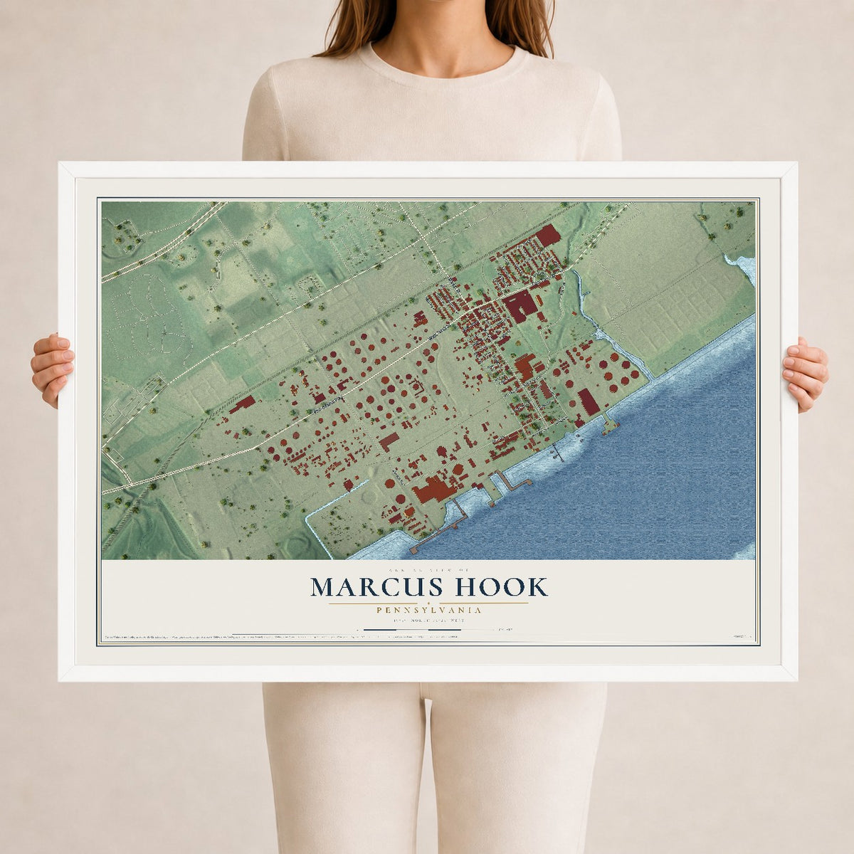 Map of Marcus Hook, Pennsylvania, 24 x 36 inch print in a white wood frame