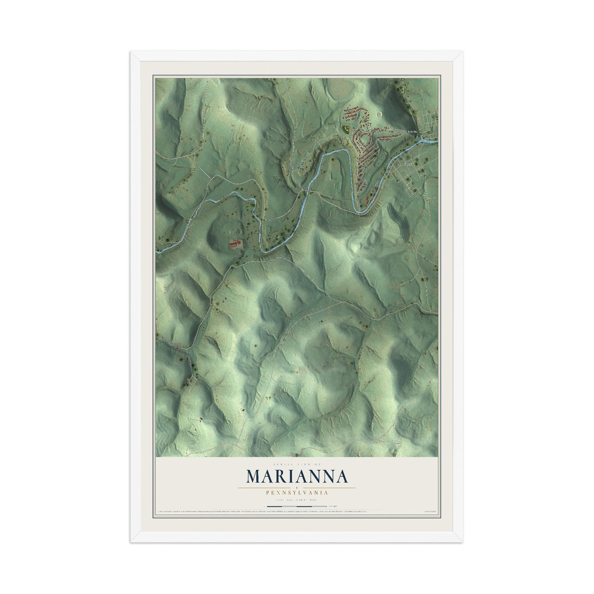 Map of Marianna, Pennsylvania, 12 x 18 inch print in a white wood frame