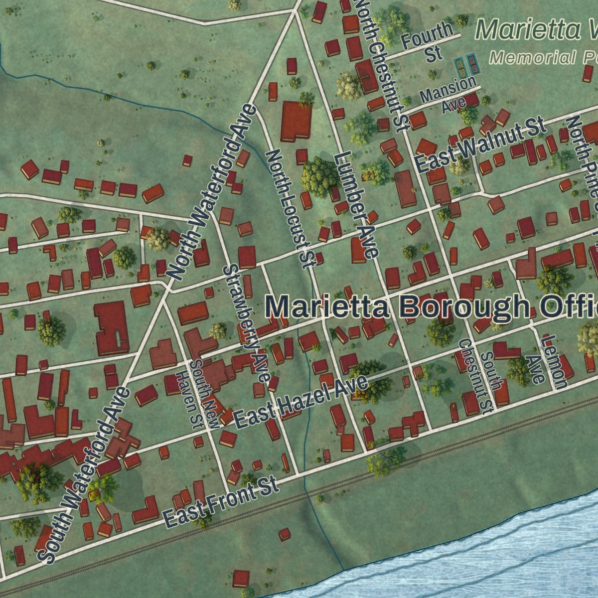 Close-up of the map of Marietta, Pennsylvania print showing street and building detail