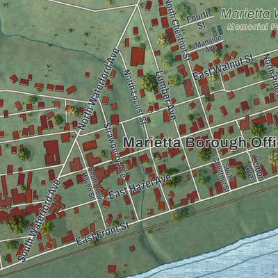 Close-up of the map of Marietta, Pennsylvania print showing street and building detail
