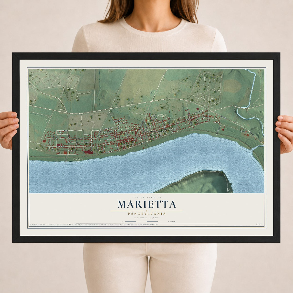 Map of Marietta, Pennsylvania, 18 x 24 inch print in a black wood frame