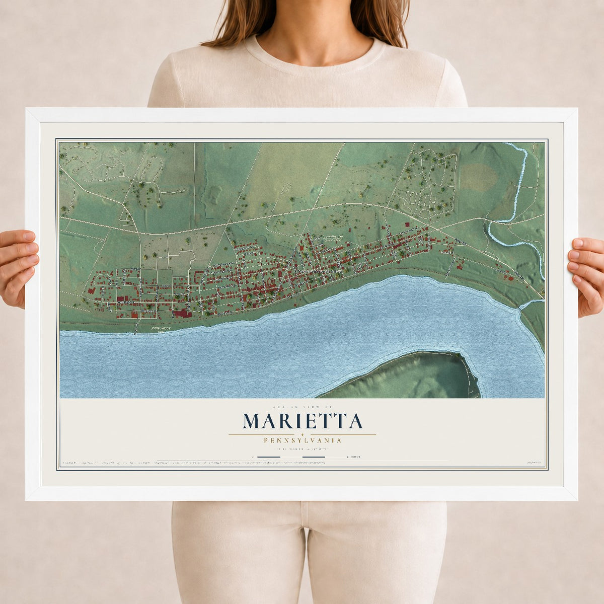 Map of Marietta, Pennsylvania, 18 x 24 inch print in a white wood frame