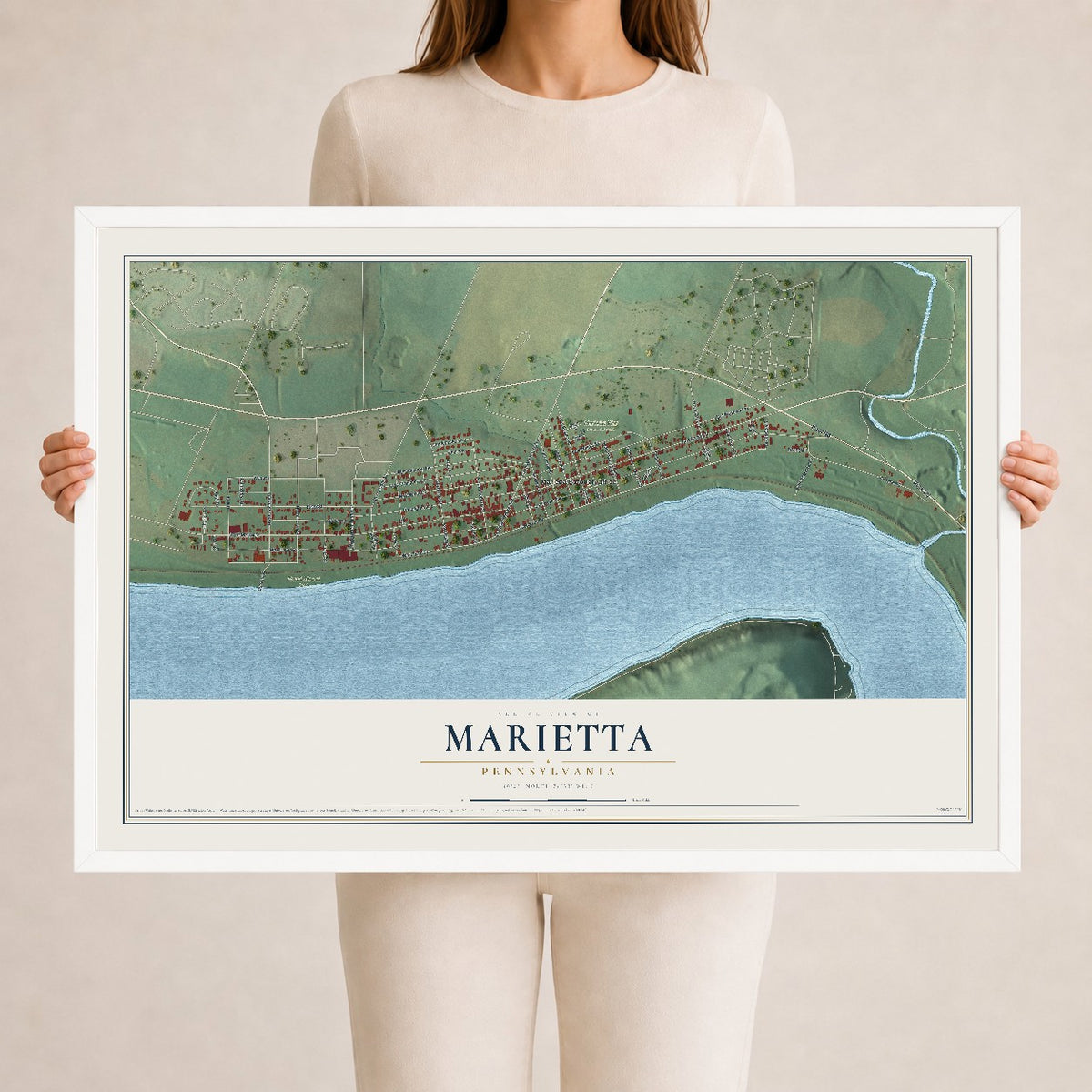 Map of Marietta, Pennsylvania, 24 x 36 inch print in a white wood frame