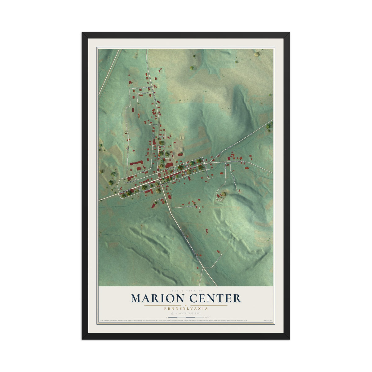 Map of Marion Center, Pennsylvania, 12 x 18 inch print in a black wood frame