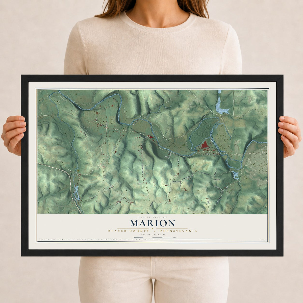 Map of Marion, Beaver County, Pennsylvania, 12 x 18 inch print in a black wood frame