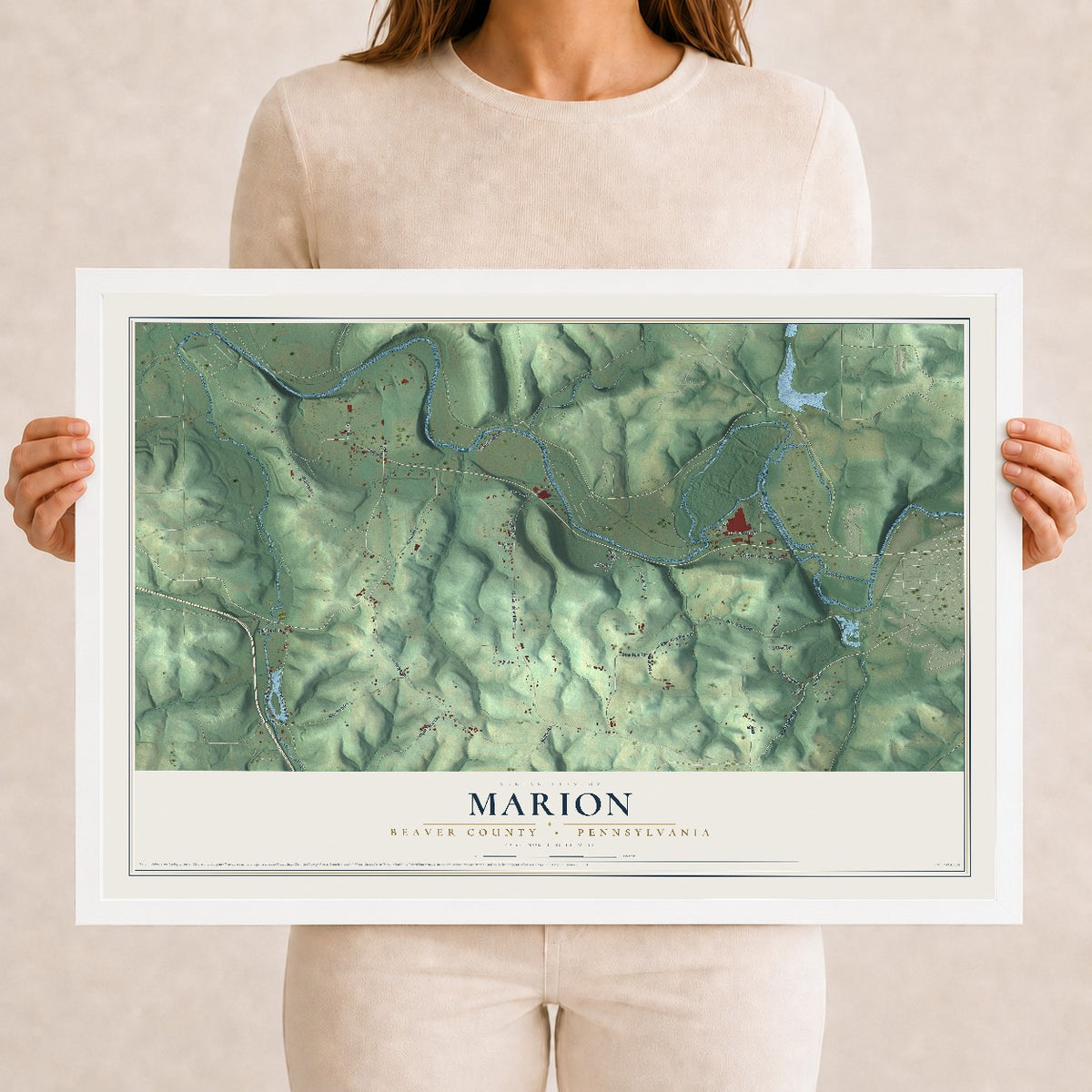 Map of Marion, Beaver County, Pennsylvania, 12 x 18 inch print in a white wood frame