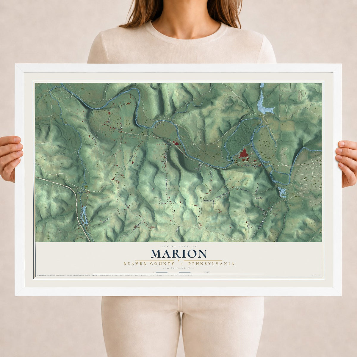 Map of Marion, Beaver County, Pennsylvania, 18 x 24 inch print in a white wood frame