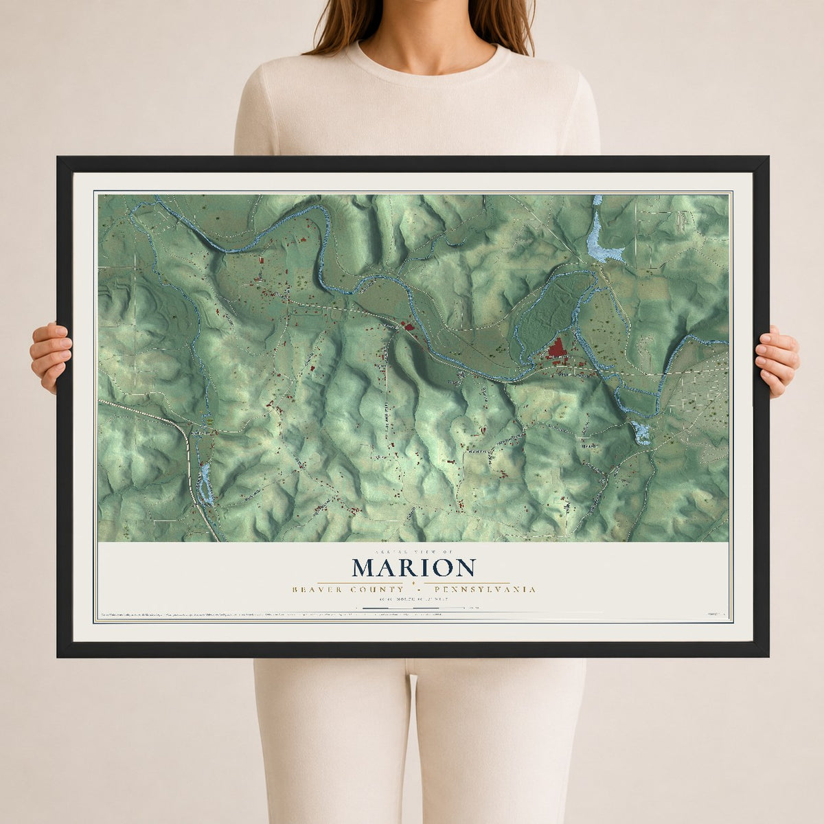 Map of Marion, Beaver County, Pennsylvania, 24 x 36 inch print in a black wood frame