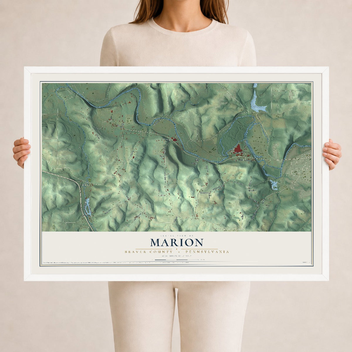 Map of Marion, Beaver County, Pennsylvania, 24 x 36 inch print in a white wood frame