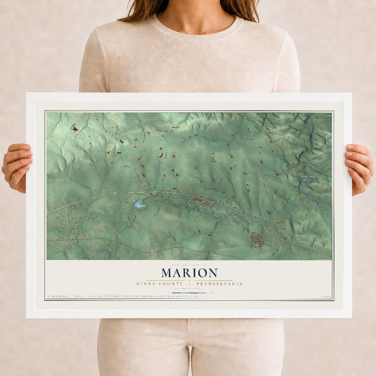 Map of Marion, Berks County, Pennsylvania, 12 x 18 inch print in a white wood frame