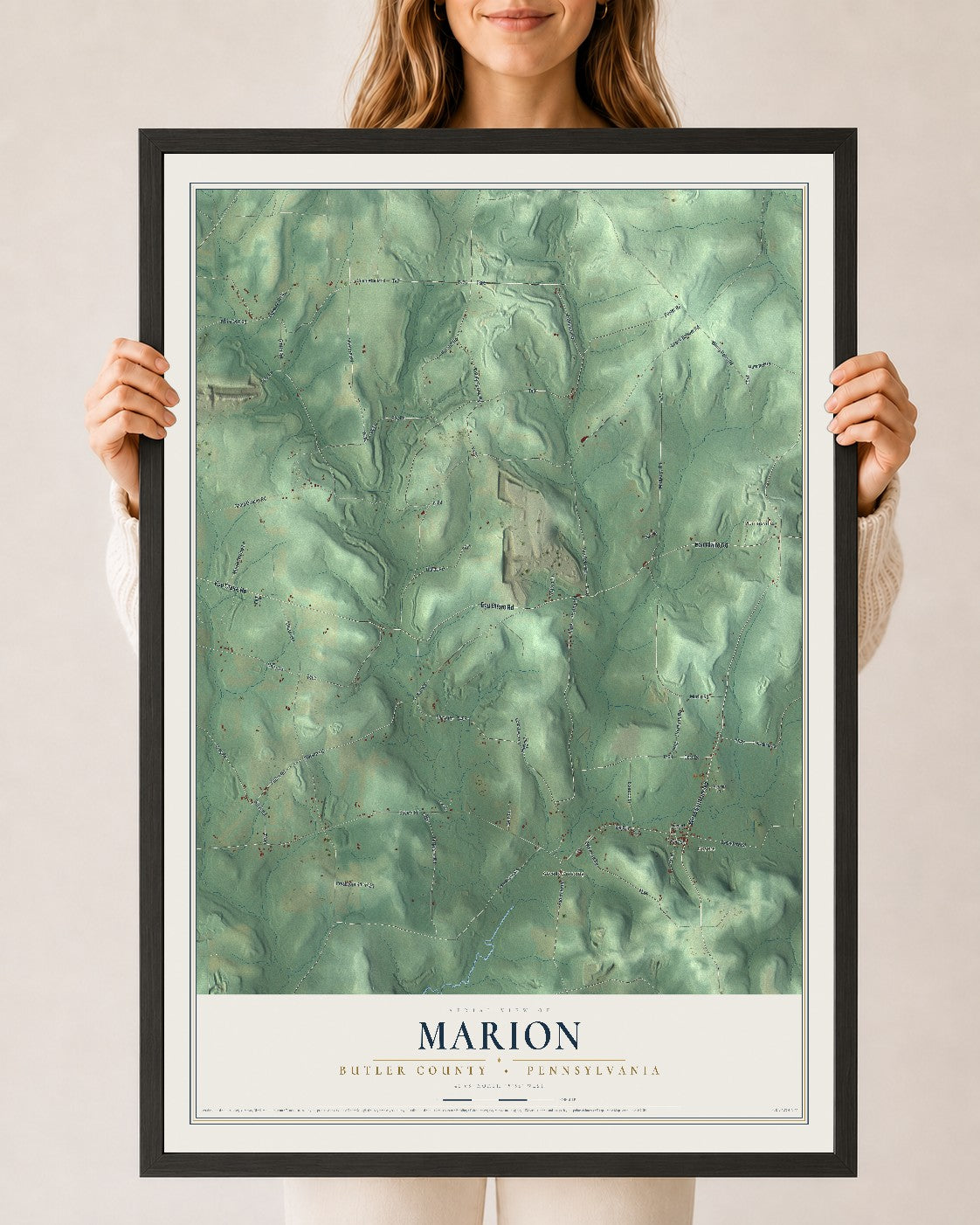 Map of Marion, Butler County, Pennsylvania, 24 x 36 inch print in a black wood frame