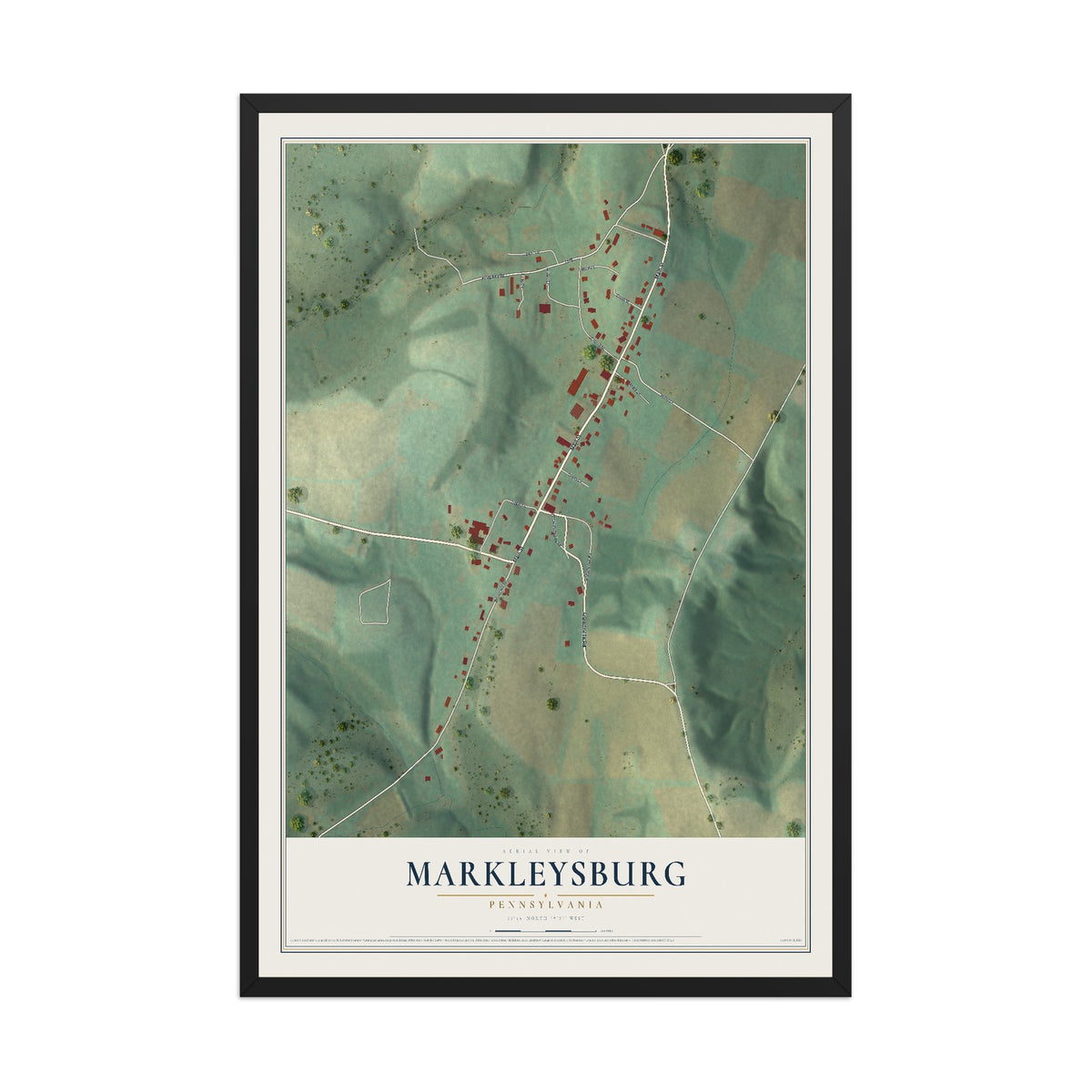 Map of Markleysburg, Pennsylvania, 12 x 18 inch print in a black wood frame