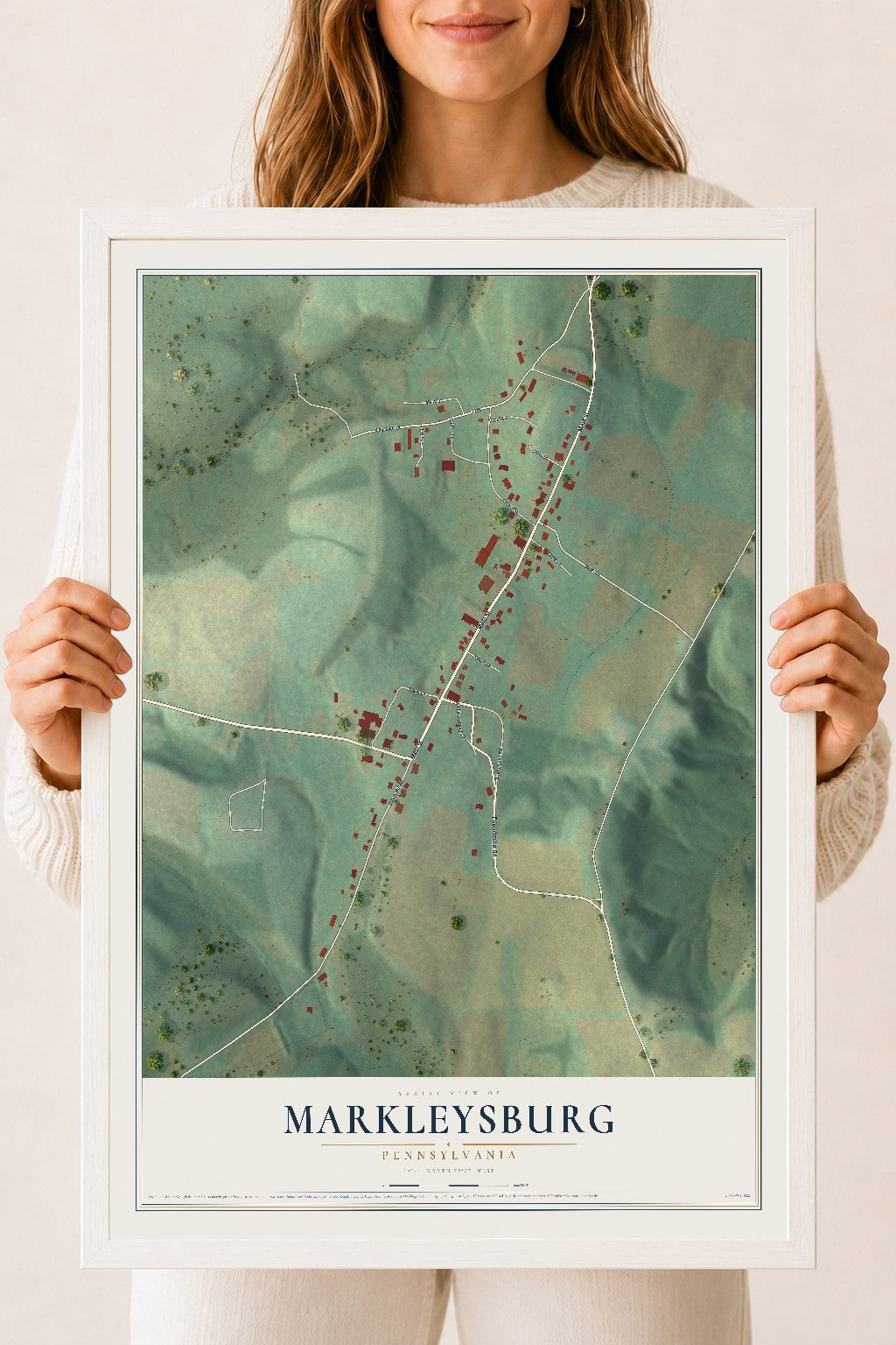 Map of Markleysburg, Pennsylvania, 18 x 24 inch print in a white wood frame