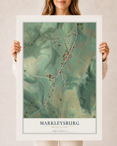 Map of Markleysburg, Pennsylvania, 24 x 36 inch print in a white wood frame