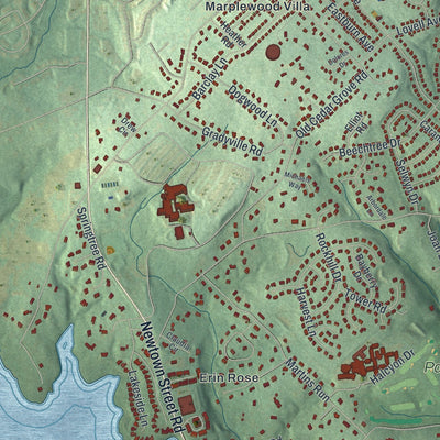 Second close-up of the map of Marple, Pennsylvania print showing more streets and buildings