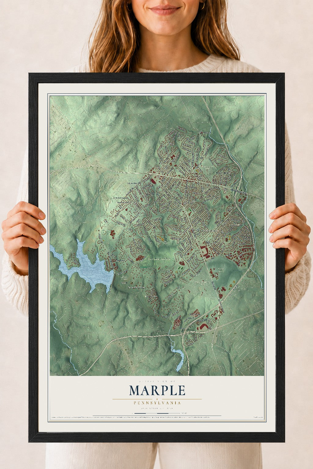 Map of Marple, Pennsylvania, 18 x 24 inch print in a black wood frame