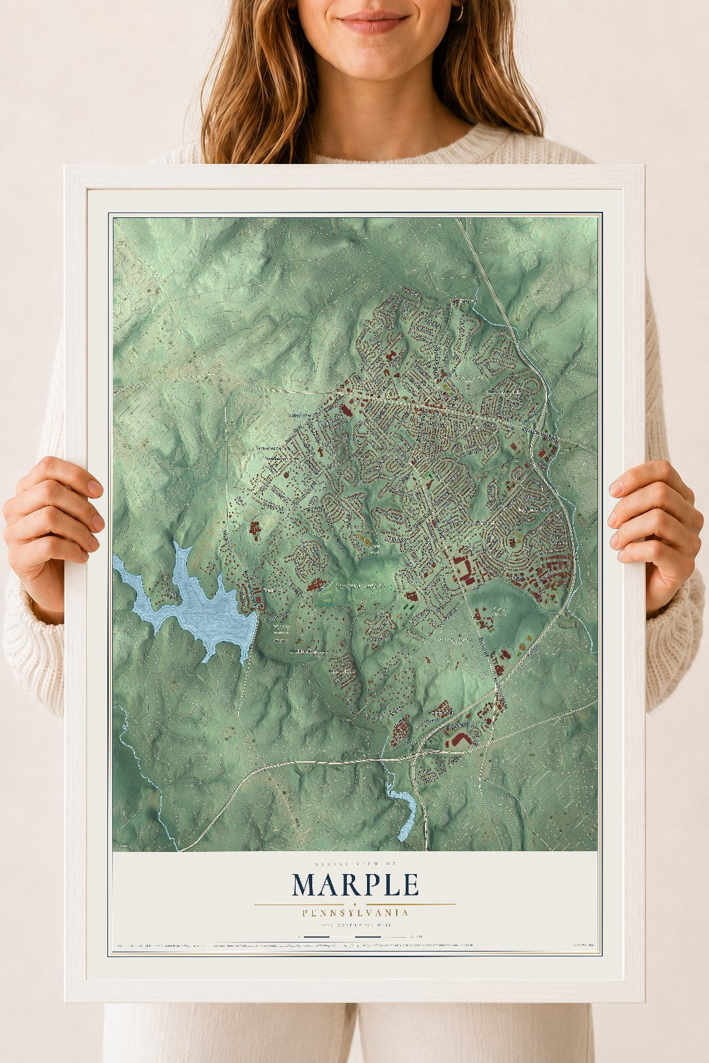 Map of Marple, Pennsylvania, 18 x 24 inch print in a white wood frame