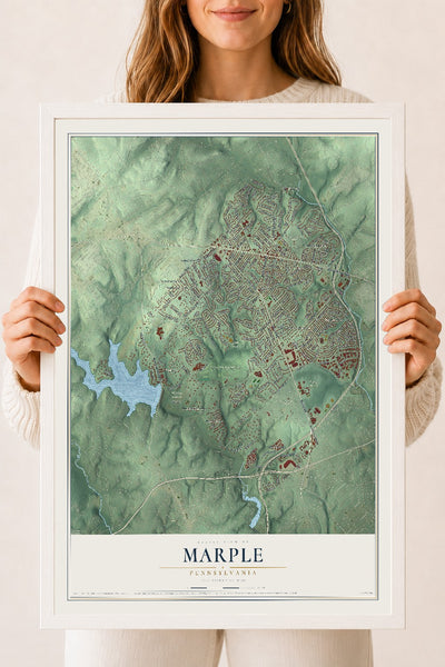 Map of Marple, Pennsylvania, 18 x 24 inch print in a white wood frame