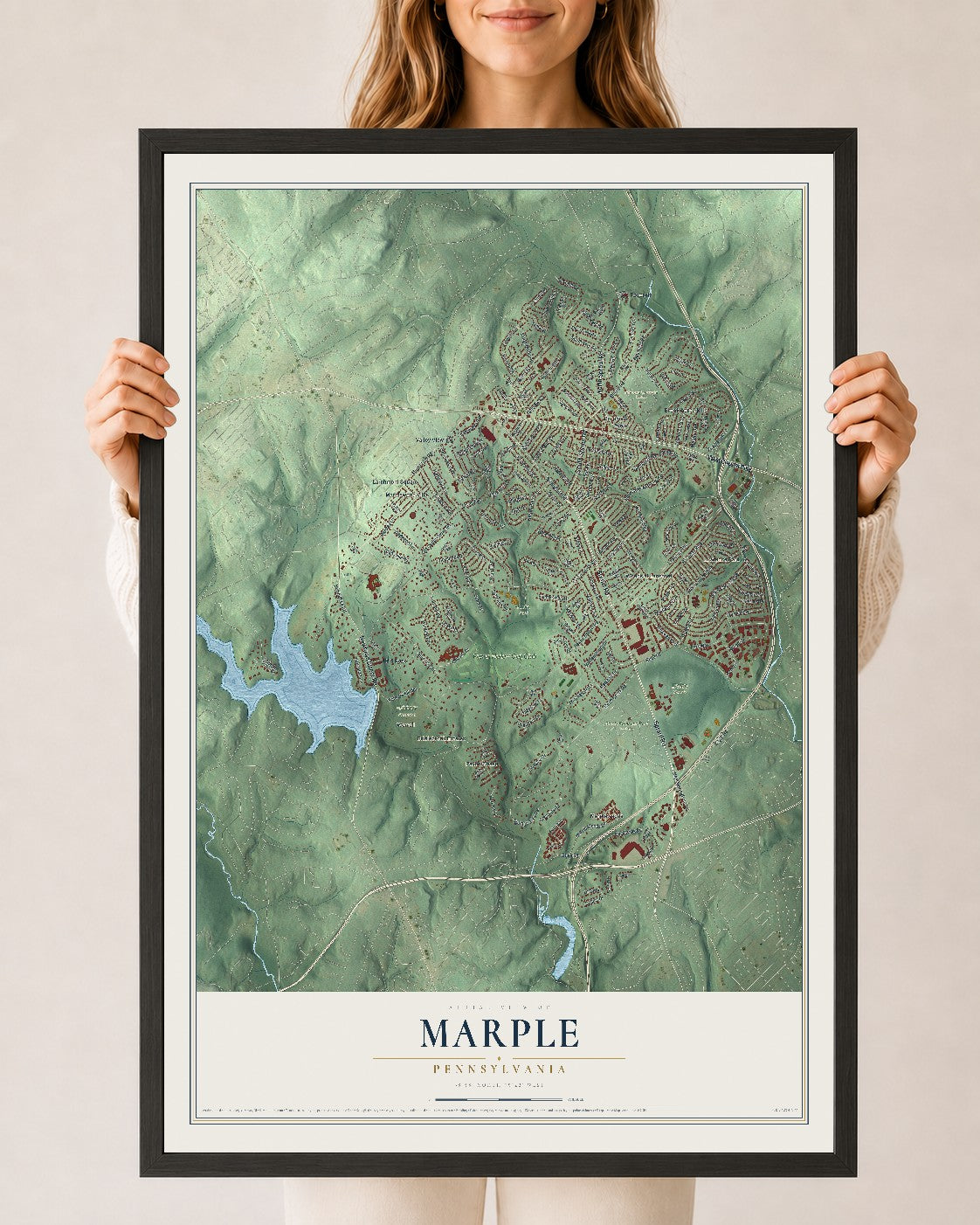 Map of Marple, Pennsylvania, 24 x 36 inch print in a black wood frame