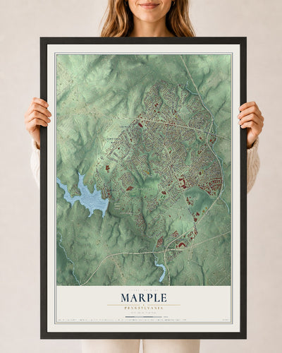 Map of Marple, Pennsylvania, 24 x 36 inch print in a black wood frame
