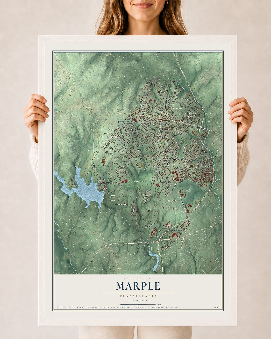 Map of Marple, Pennsylvania, 24 x 36 inch print in a white wood frame