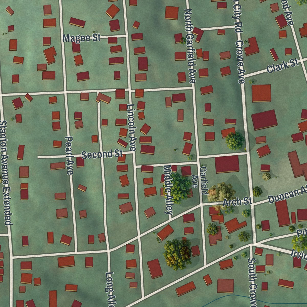 Close-up of the map of Mars, Pennsylvania print showing street and building detail
