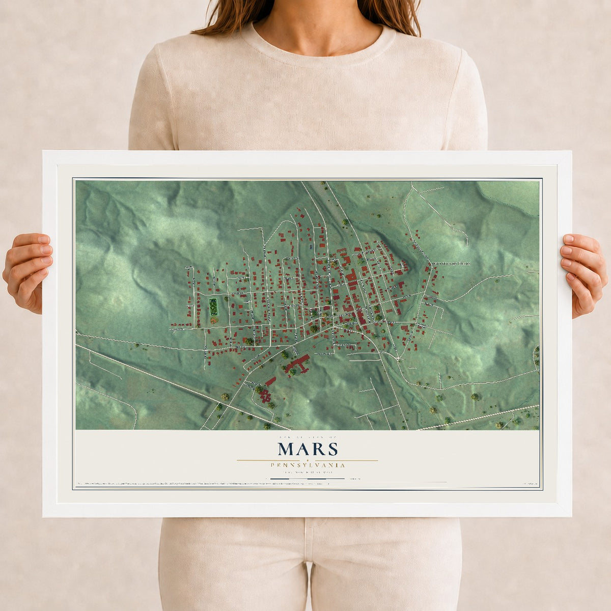 Map of Mars, Pennsylvania, 12 x 18 inch print in a white wood frame