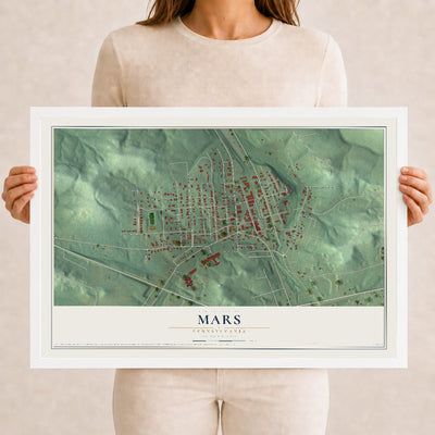 Map of Mars, Pennsylvania, 12 x 18 inch print in a white wood frame