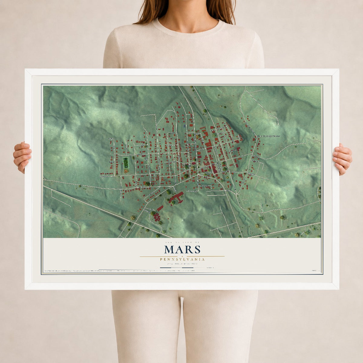 Map of Mars, Pennsylvania, 24 x 36 inch print in a white wood frame