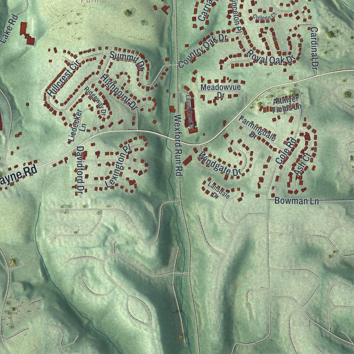 Second close-up of the map of Marshall, Pennsylvania print showing more streets and buildings
