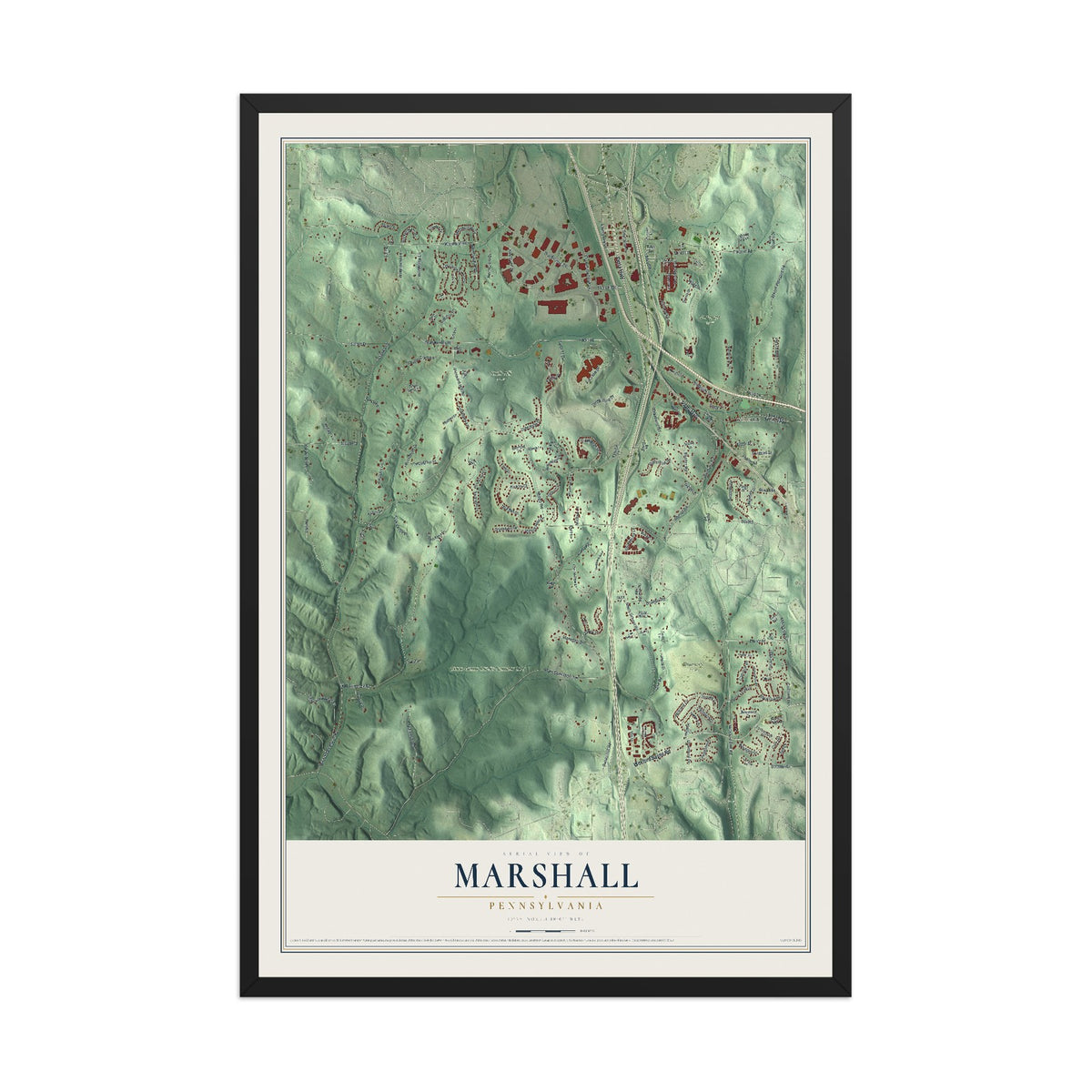 Map of Marshall, Pennsylvania, 12 x 18 inch print in a black wood frame